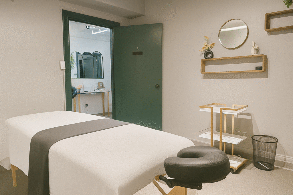 Treatment room for rent NYC with massage bed and minimal decor
