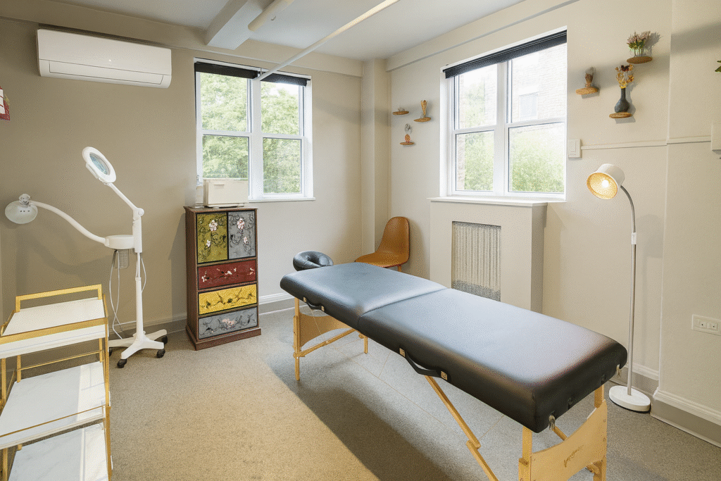 Beauty suite for rent NYC with massage table and natural light