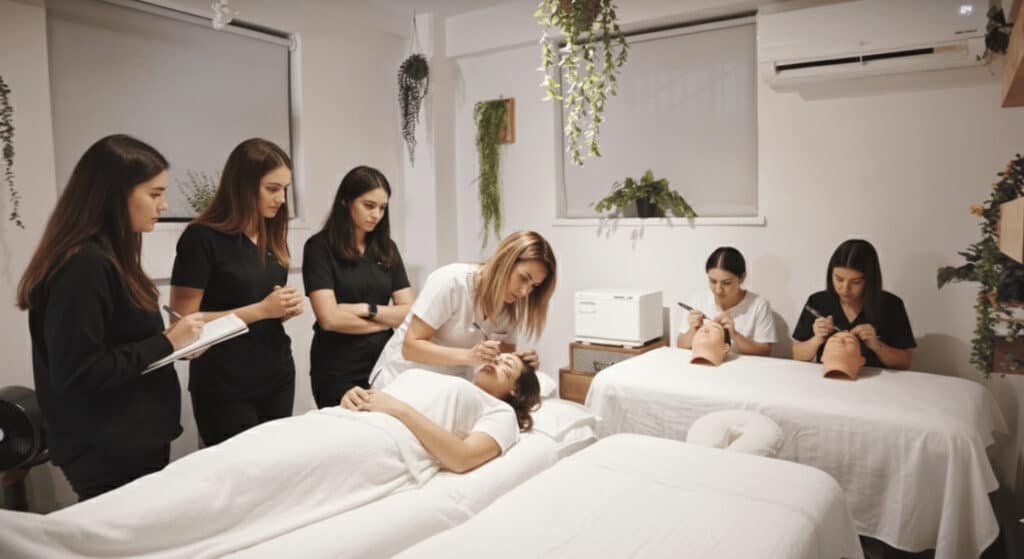 Instructor demonstrating PMU training technique to students in a beauty suite rental space in NYC.